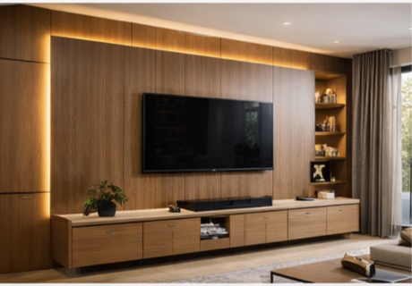 Sala de TV moderna con panel de madera, iluminación perimetral y mueble bajo integrado