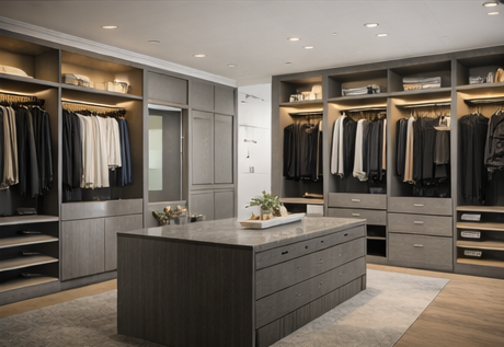 Vestidor tipo walk-in con isla central, cajones organizados e iluminación integrada