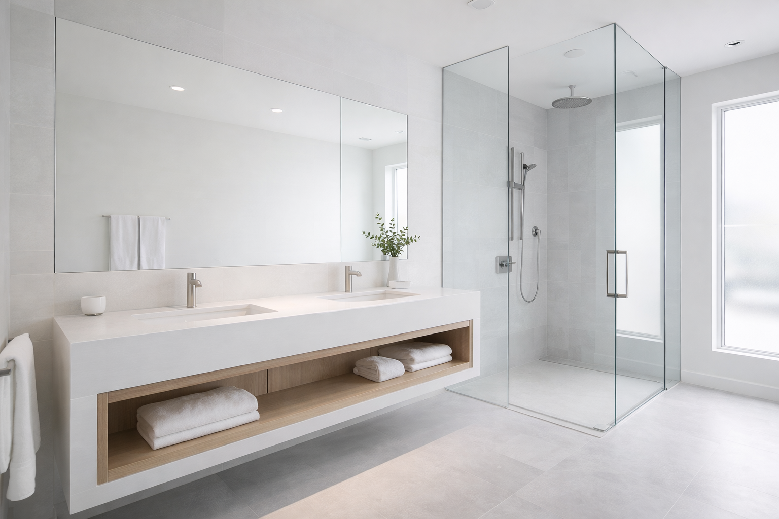 Baño moderno con doble lavabo, mueble suspendido y regadera con cancel de vidrio