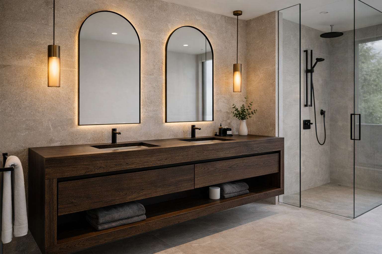Baño moderno con mueble suspendido en madera, doble lavabo y regadera con cancel de vidrio