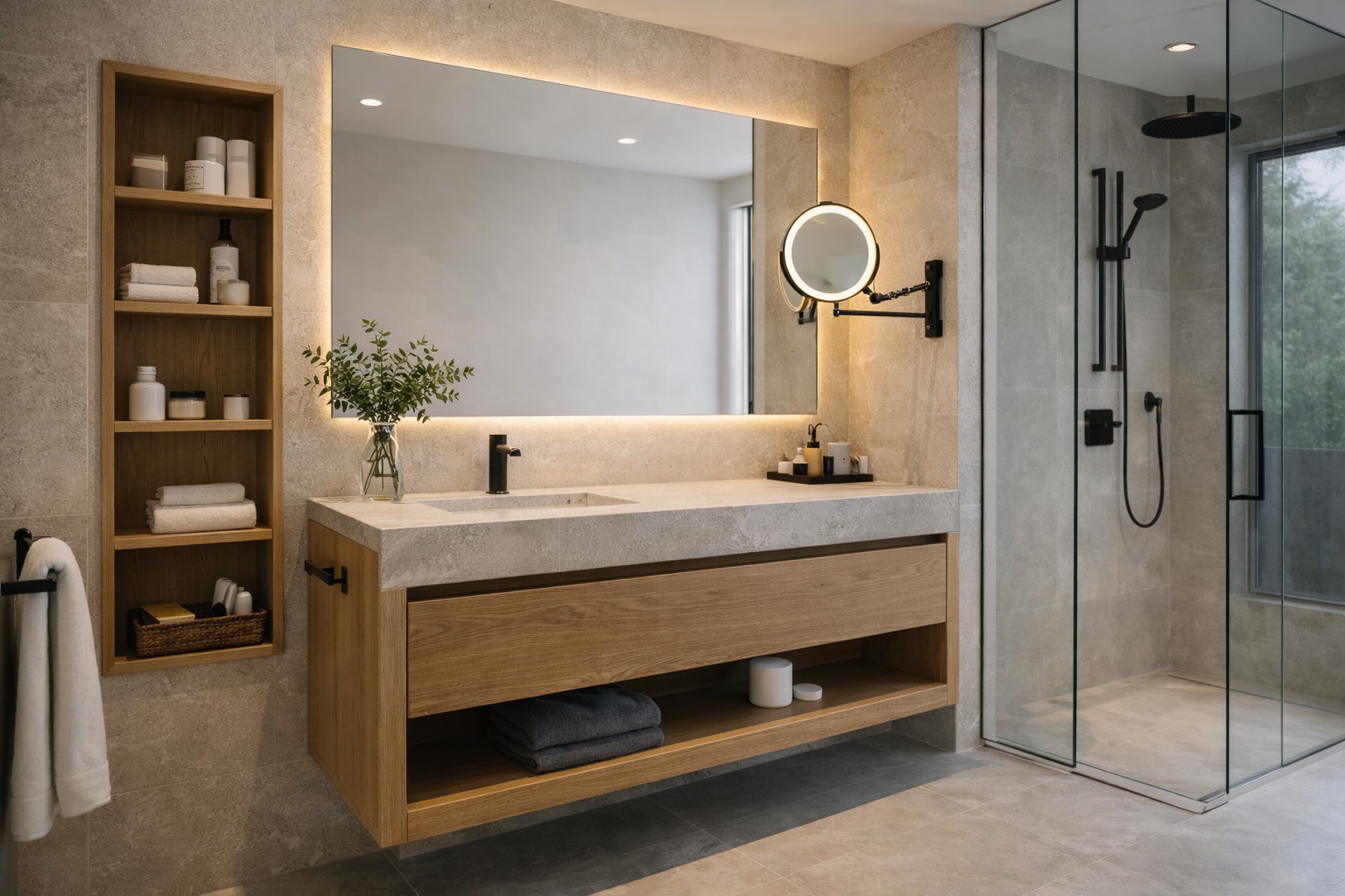 Baño moderno con mueble suspendido en madera, lavabo individual, repisas laterales y espejo con aumento