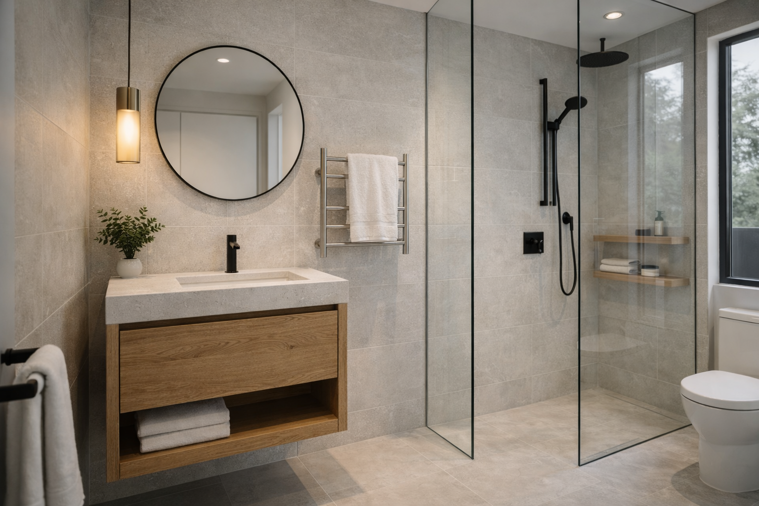 Baño moderno compacto con mueble suspendido en madera, lavabo individual y regadera con cancel de vidrio