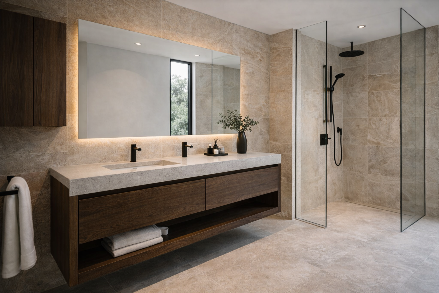 Baño moderno con mueble suspendido en madera, cubierta clara, espejo con iluminación y regadera con cancel de vidrio