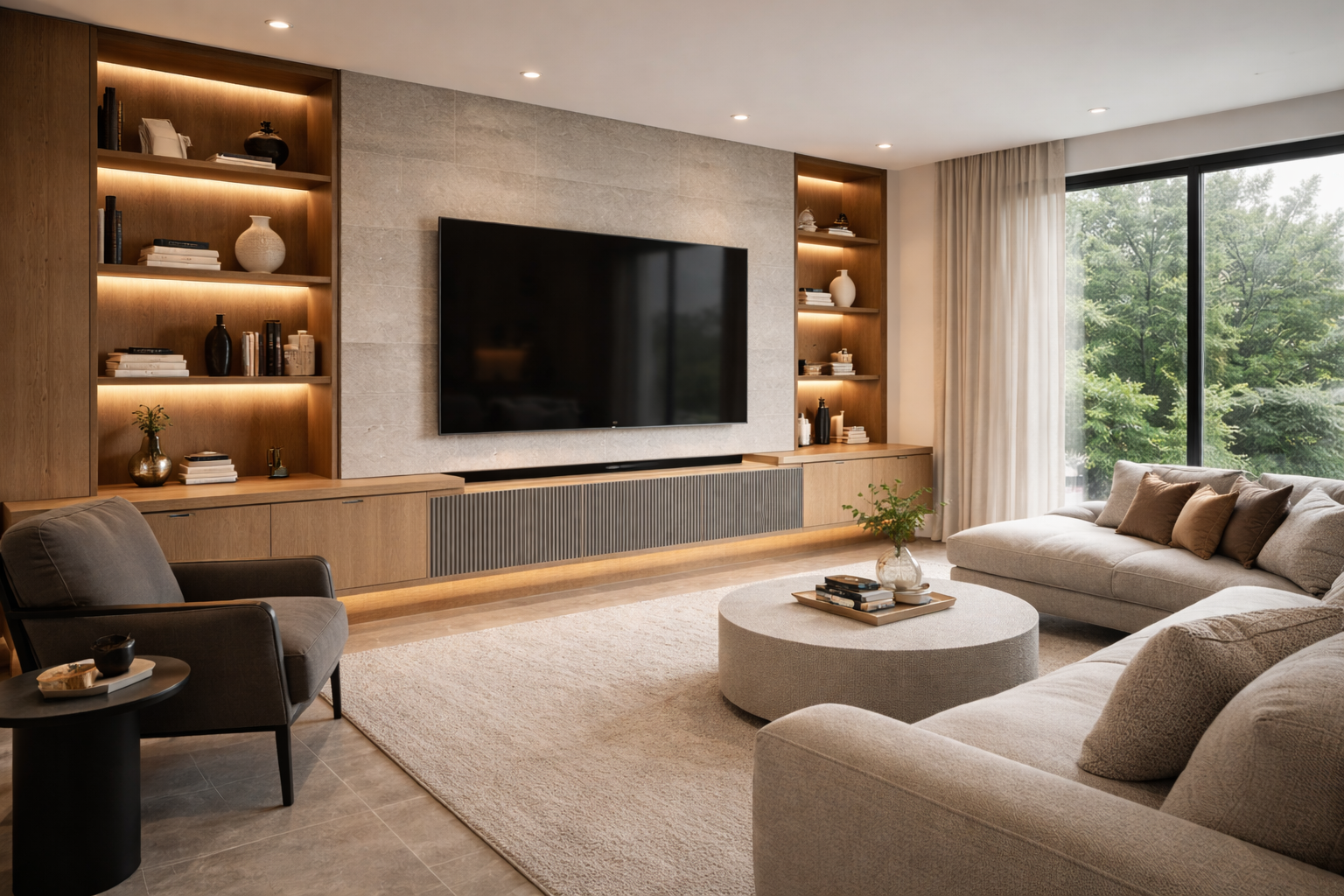 Sala de TV moderna con mueble integrado en madera, panel central y estanterías iluminadas