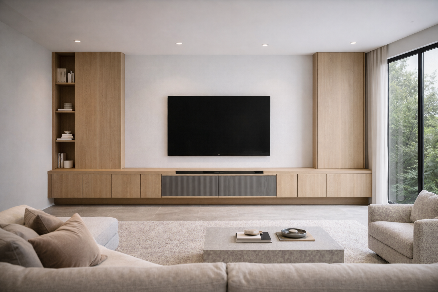 Sala de TV minimalista con mueble en madera, almacenamiento integrado y televisión montada en muro