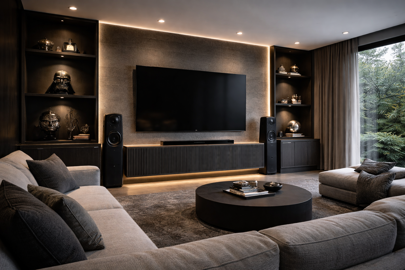 Sala de TV moderna con sistema de audio, mueble oscuro integrado y decoración temática discreta