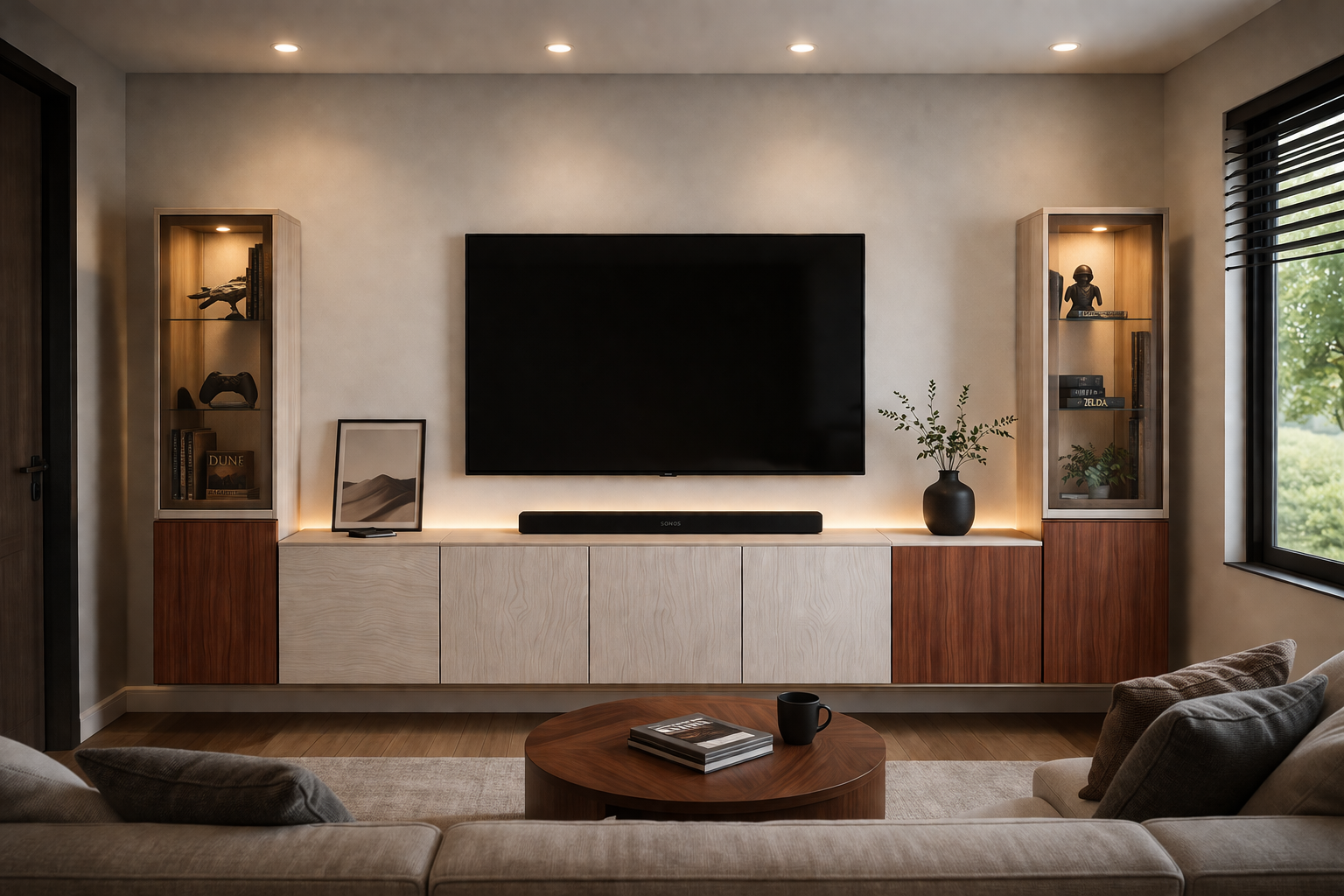 Sala de TV moderna con muebles columna laterales, vitrinas iluminadas y mueble bajo en dos tonos de madera