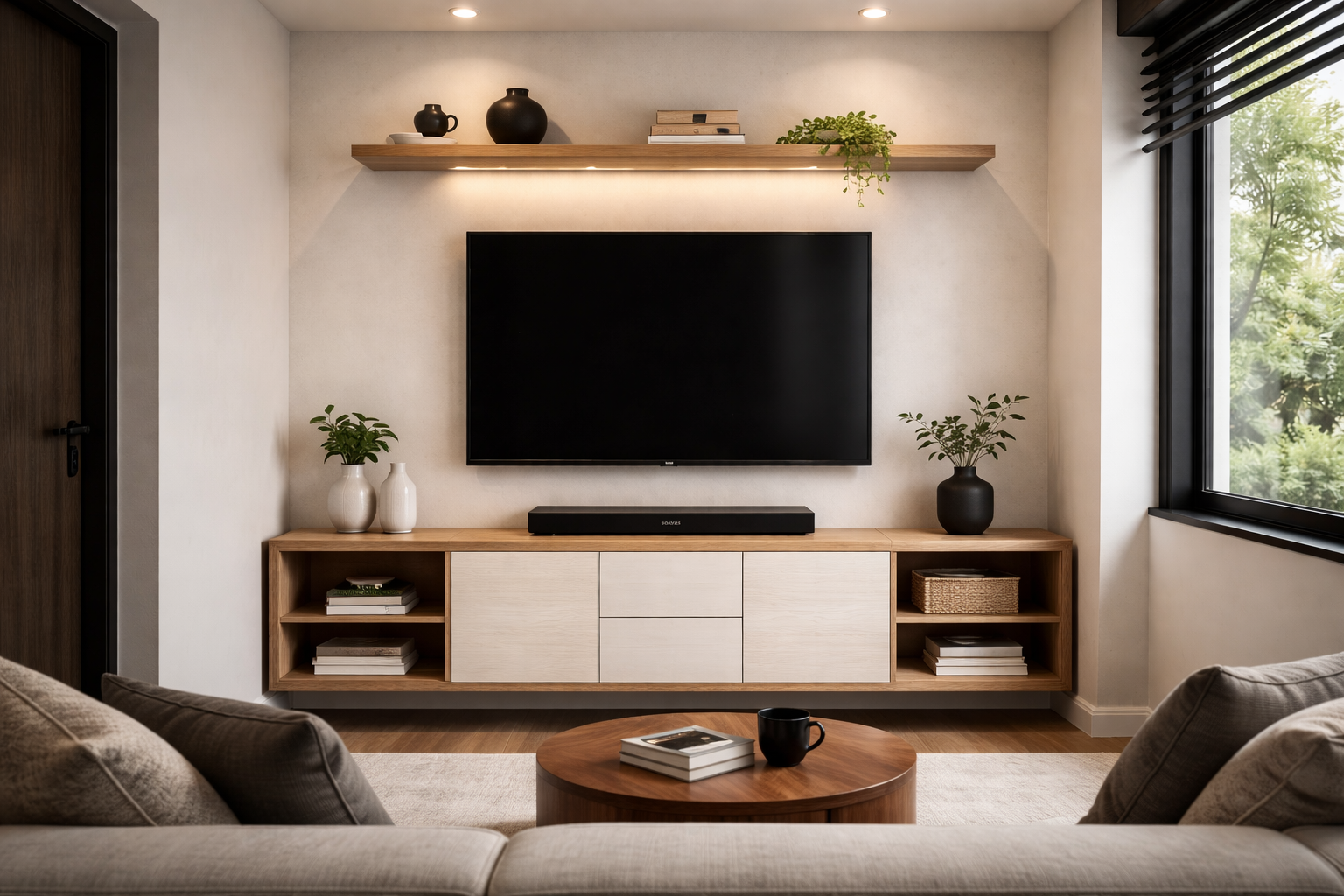 Sala de TV compacta con mueble suspendido en dos tonos de madera y repisa superior iluminada