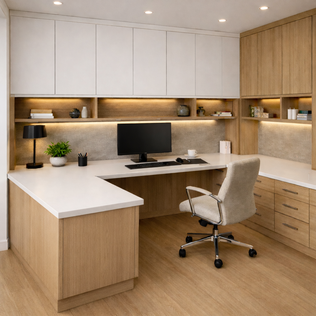 Oficina en casa con escritorio en forma de U, almacenamiento lateral y superior en madera