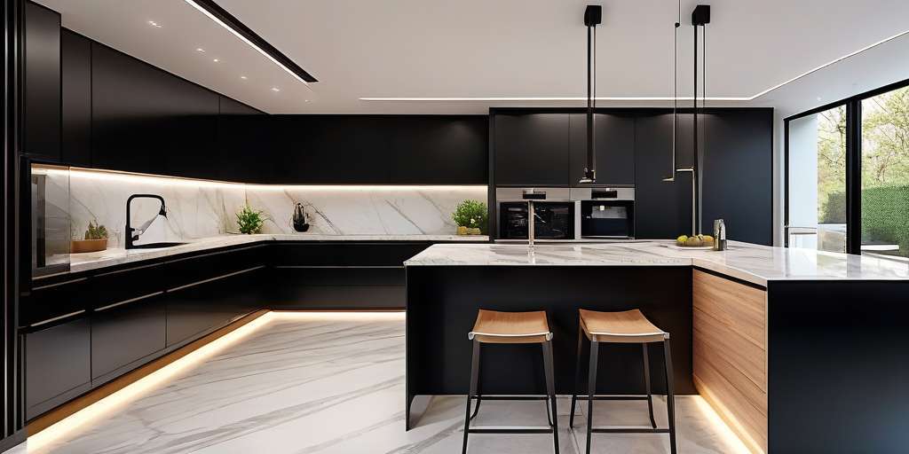 Cocina moderna en tonos oscuros con isla, cubierta clara y iluminación lineal integrada