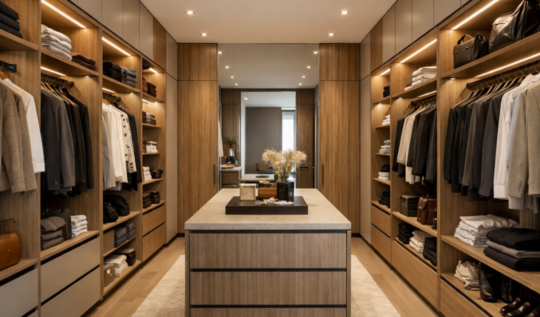 Vestidor tipo walk-in con iluminación integrada, almacenamiento de piso a techo y organización abierta