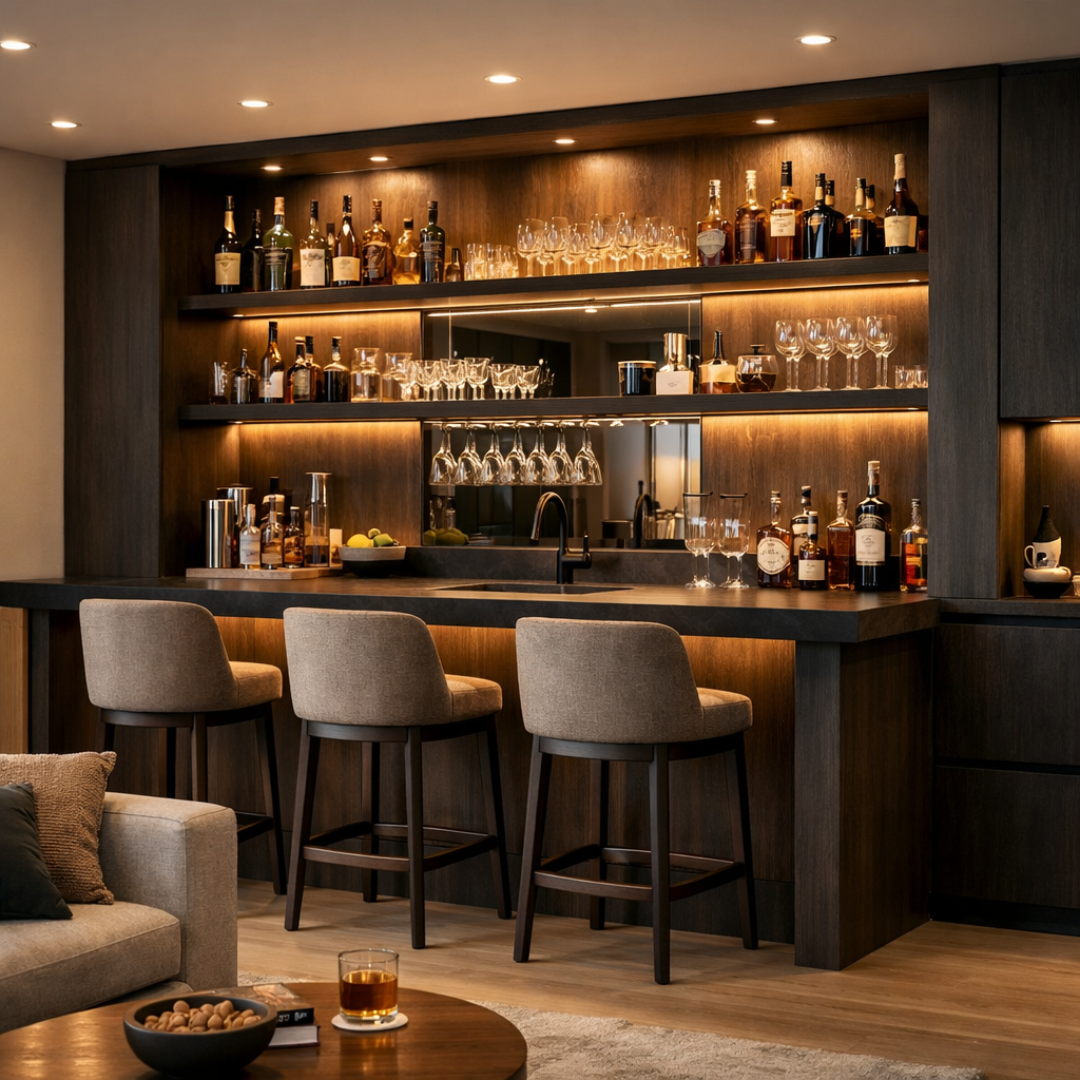 Bar integrado a sala con muebles en madera, iluminación cálida y almacenamiento para botellas