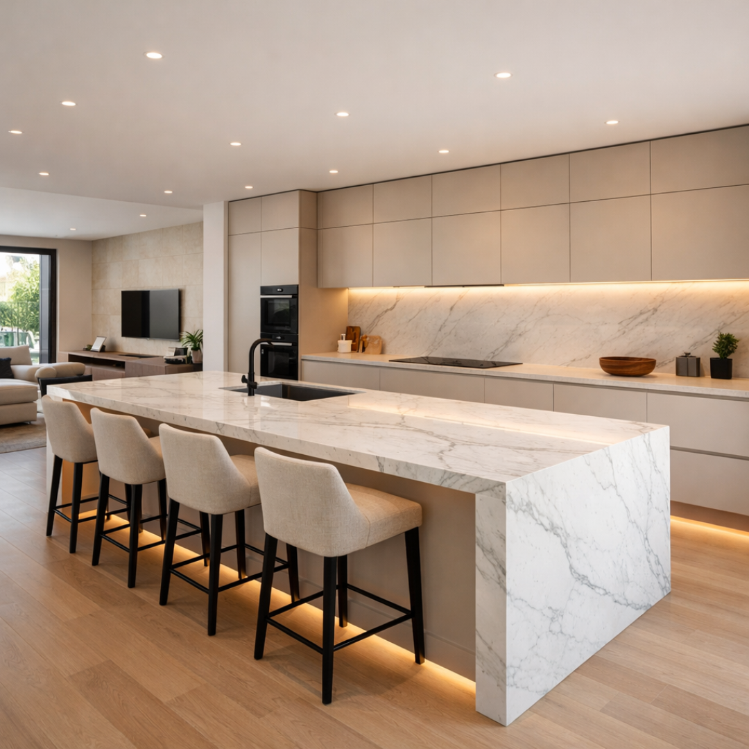 Cocina moderna minimalista con isla central integrada a espacio abierto