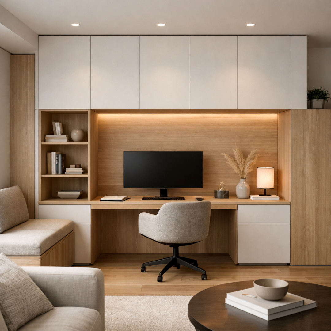 Oficina en casa con escritorio integrado, almacenamiento superior y lateral en madera y tonos claros