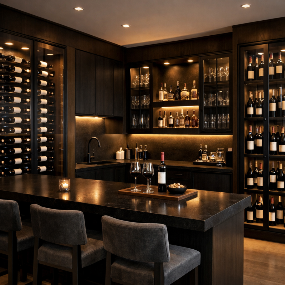 Bar tipo cava con almacenamiento para vinos, muebles en tonos oscuros y iluminación ambiental
