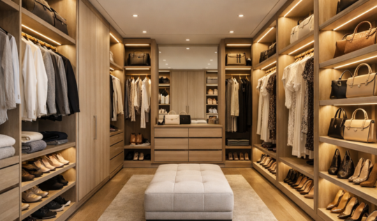 Vestidor tipo walk-in con iluminación integrada y organización de ropa y accesorios