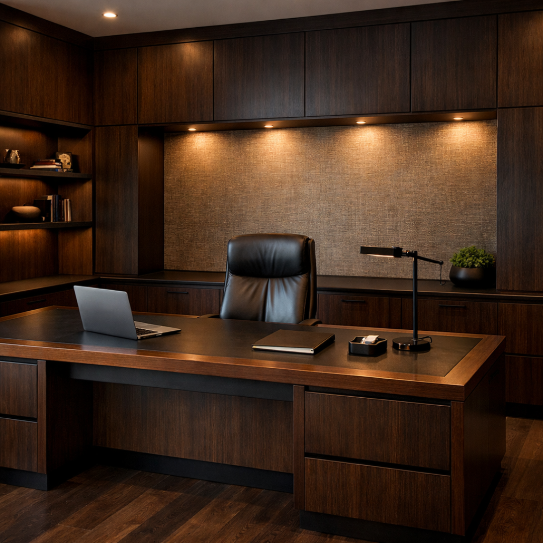 Oficina ejecutiva con mobiliario en tonos oscuros, escritorio amplio y diseño elegante
