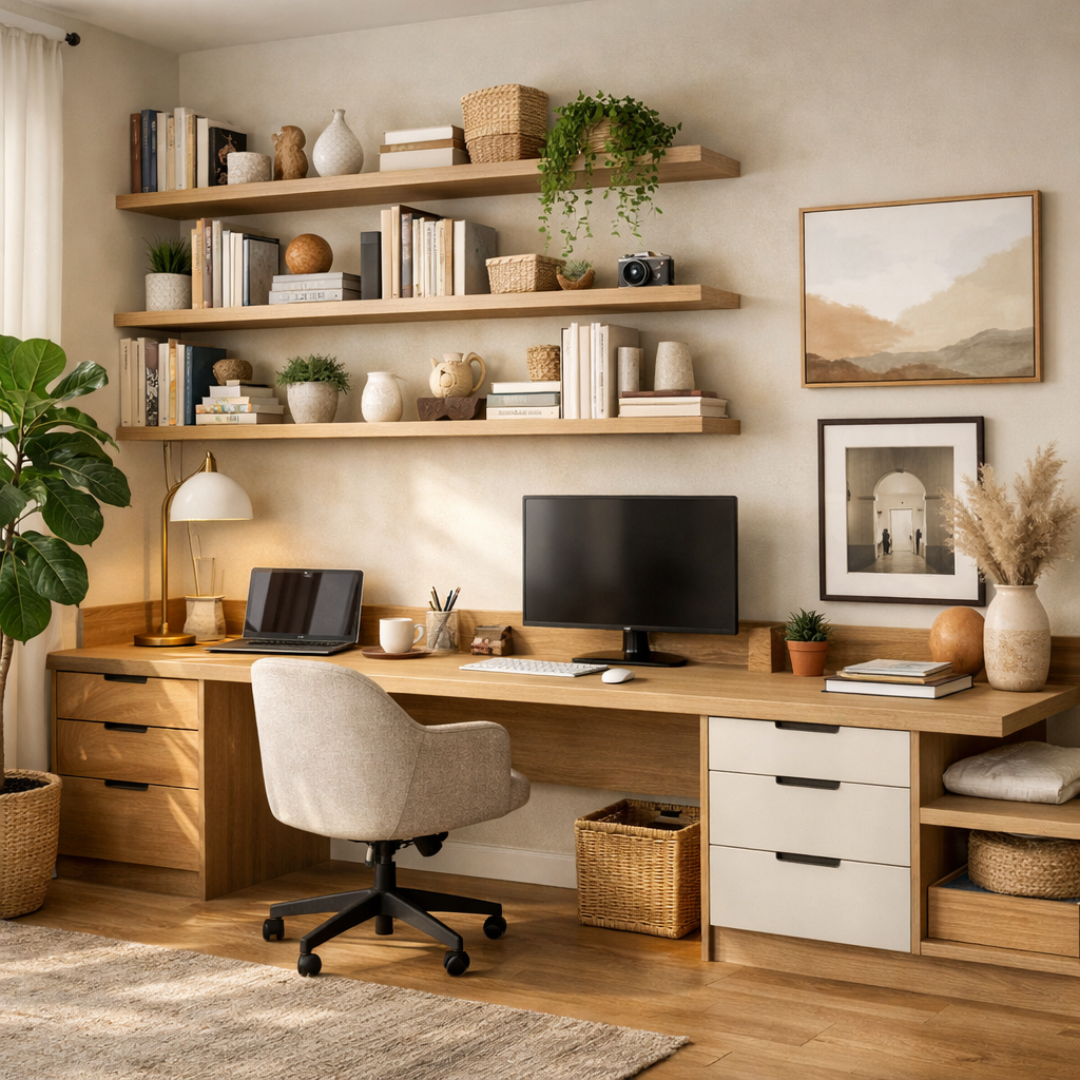 Oficina en casa con diseño creativo, repisas abiertas, decoración y ambiente relajado
