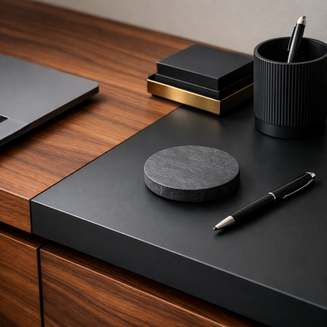 Detalle de escritorio en madera con superficie negra, accesorios y acabados precisos