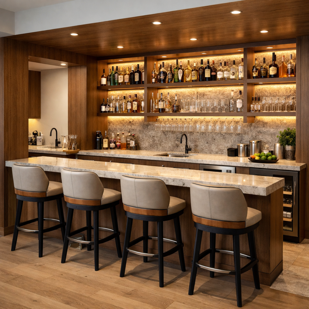 Bar en casa con barra, bancos, almacenamiento para botellas y diseño moderno