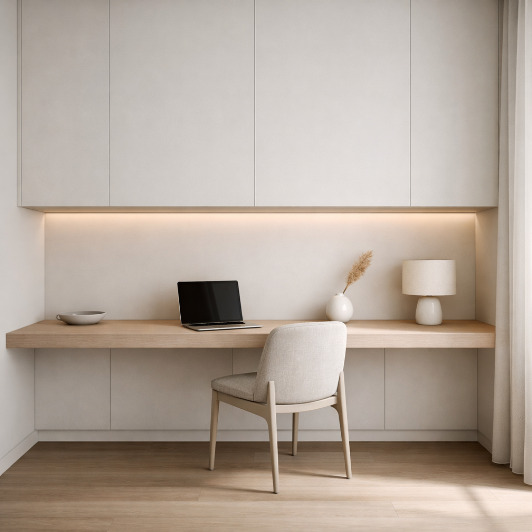Oficina minimalista con escritorio integrado, líneas limpias y diseño sin elementos visibles