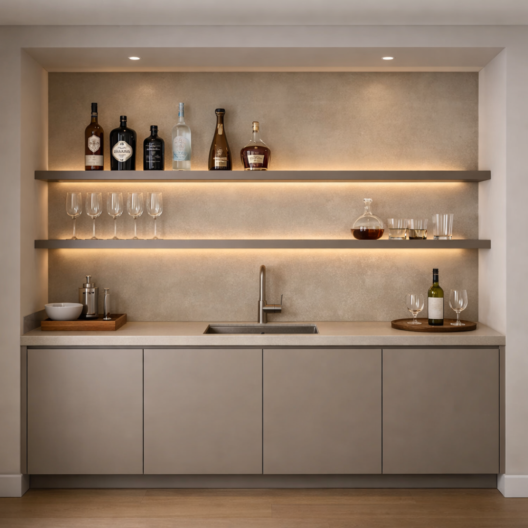 Bar minimalista con mobiliario integrado, líneas limpias y almacenamiento discreto
