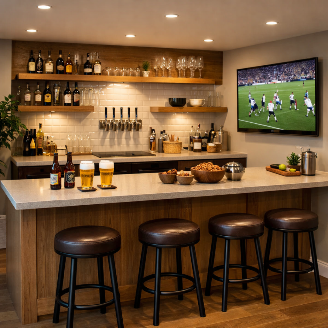 Bar en casa con barra, bancos altos, pantalla y espacio para convivencia