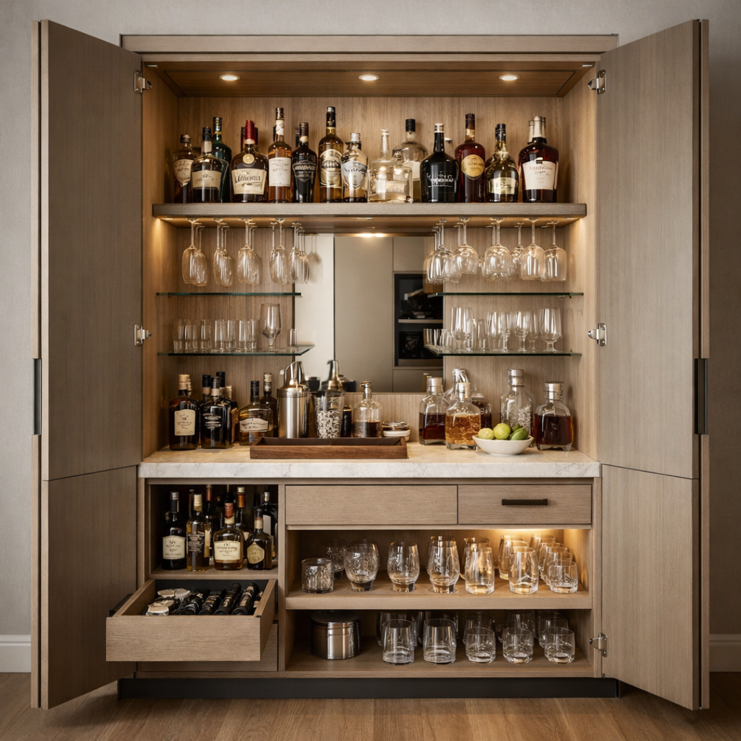 Bar oculto dentro de un mueble con puertas, con almacenamiento para botellas y copas