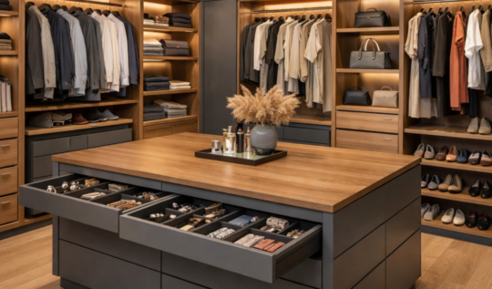Vestidor tipo walk-in con isla central, cajones organizados e iluminación integrada