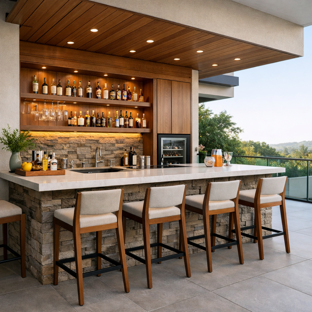 Bar exterior en terraza con barra, bancos y materiales resistentes
