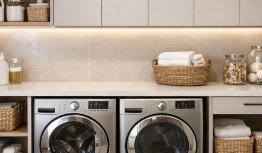Lavandería moderna con lavadora y secadora integradas, muebles de almacenamiento y superficie de trabajo