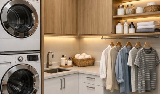 Lavandería moderna con torre de lavado, muebles en madera y barra para colgado accesible