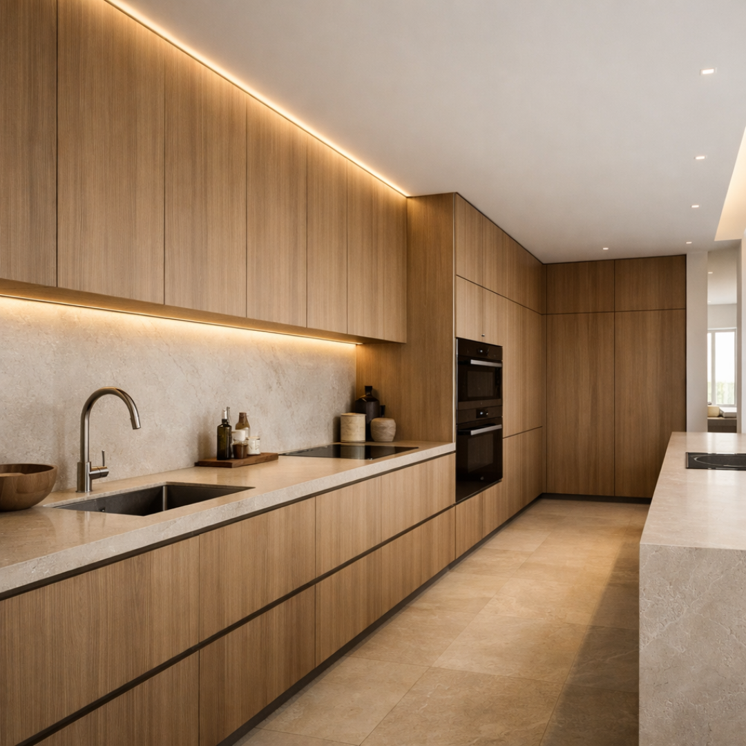 Cocina contemporánea minimalista con vista lateral y líneas limpias