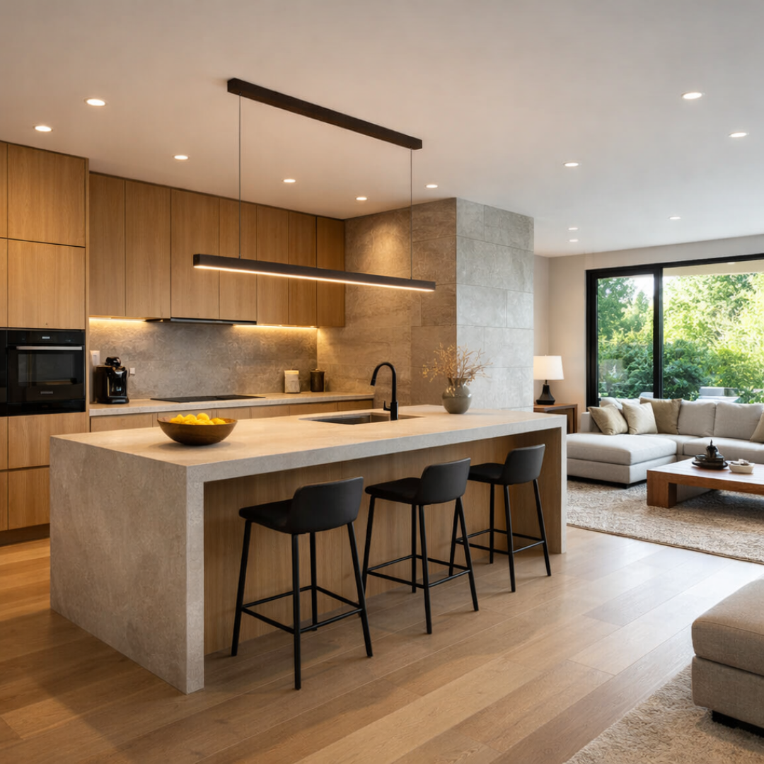 Cocina moderna integrada a sala en espacio abierto con diseño minimalista