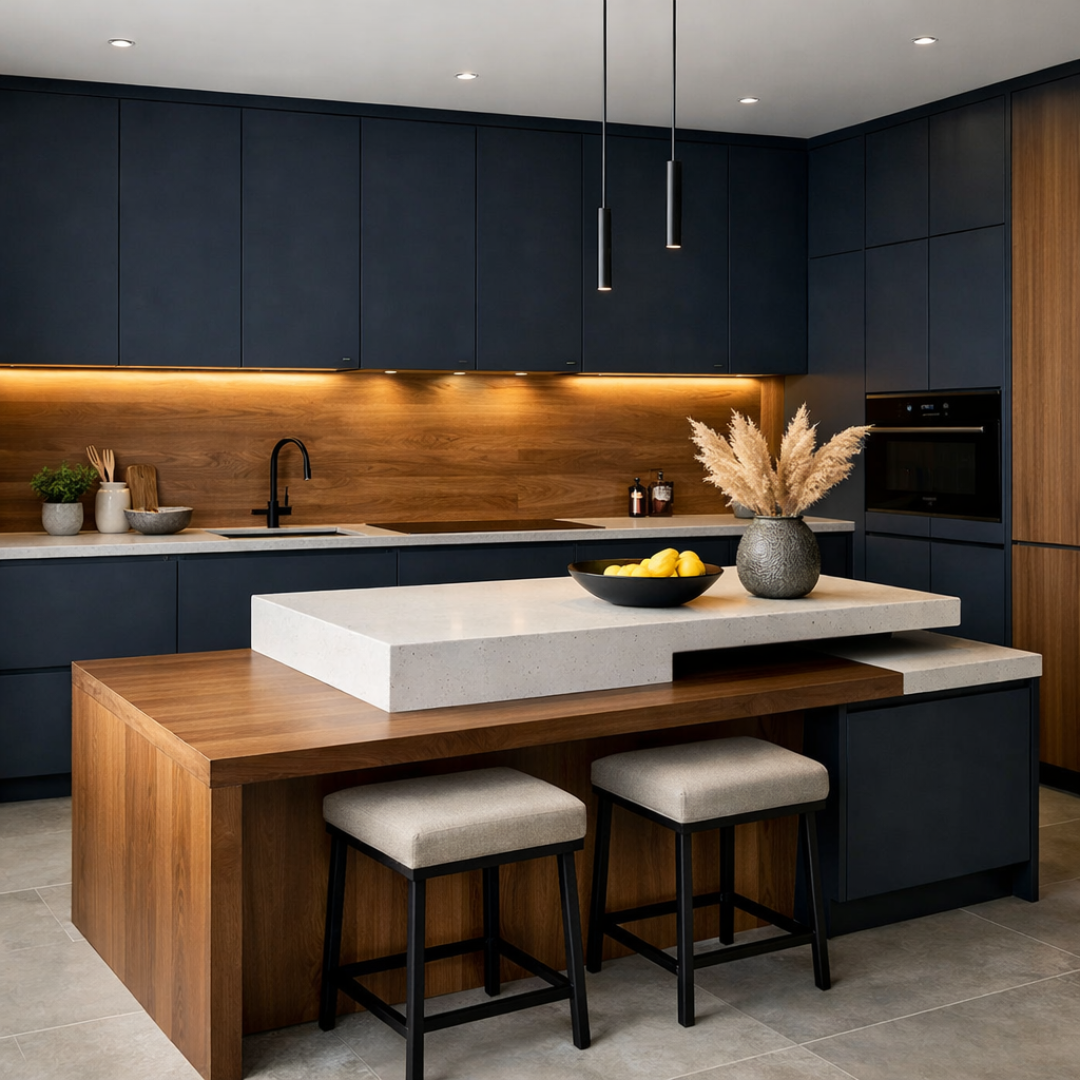Cocina moderna con muebles en tono azul profundo y isla con cubierta a doble nivel