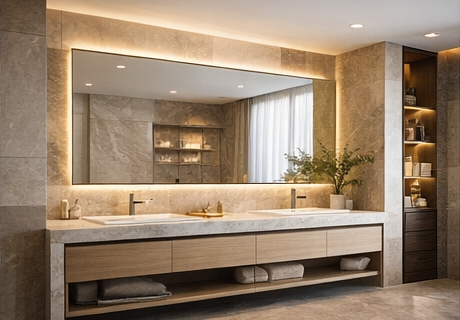 Baño moderno con doble lavabo, mueble suspendido y espejo con iluminación integrada