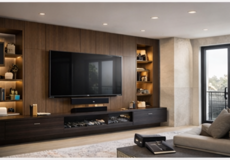 Sala de TV moderna con mueble bajo en madera, televisión integrada y almacenamiento horizontal
