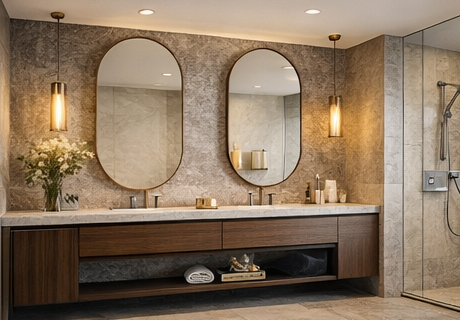 Baño moderno con doble lavabo, espejos redondos y mueble en madera