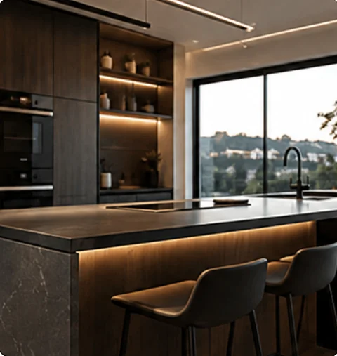 Detalle de cocina contemporánea con iluminación integrada, líneas minimalistas y mobiliario premium diseñado por Stato Cocinas