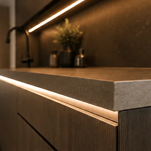 Detalle de cocina contemporánea con iluminación integrada, acabados premium y precisión en cada unión diseñado por Stato Cocinas