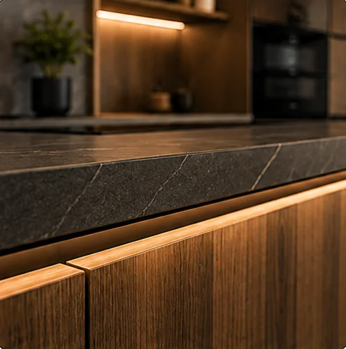 Detalle de cocina contemporánea con cubierta tipo piedra, mobiliario en madera natural e iluminación integrada diseñado por Stato Cocinas