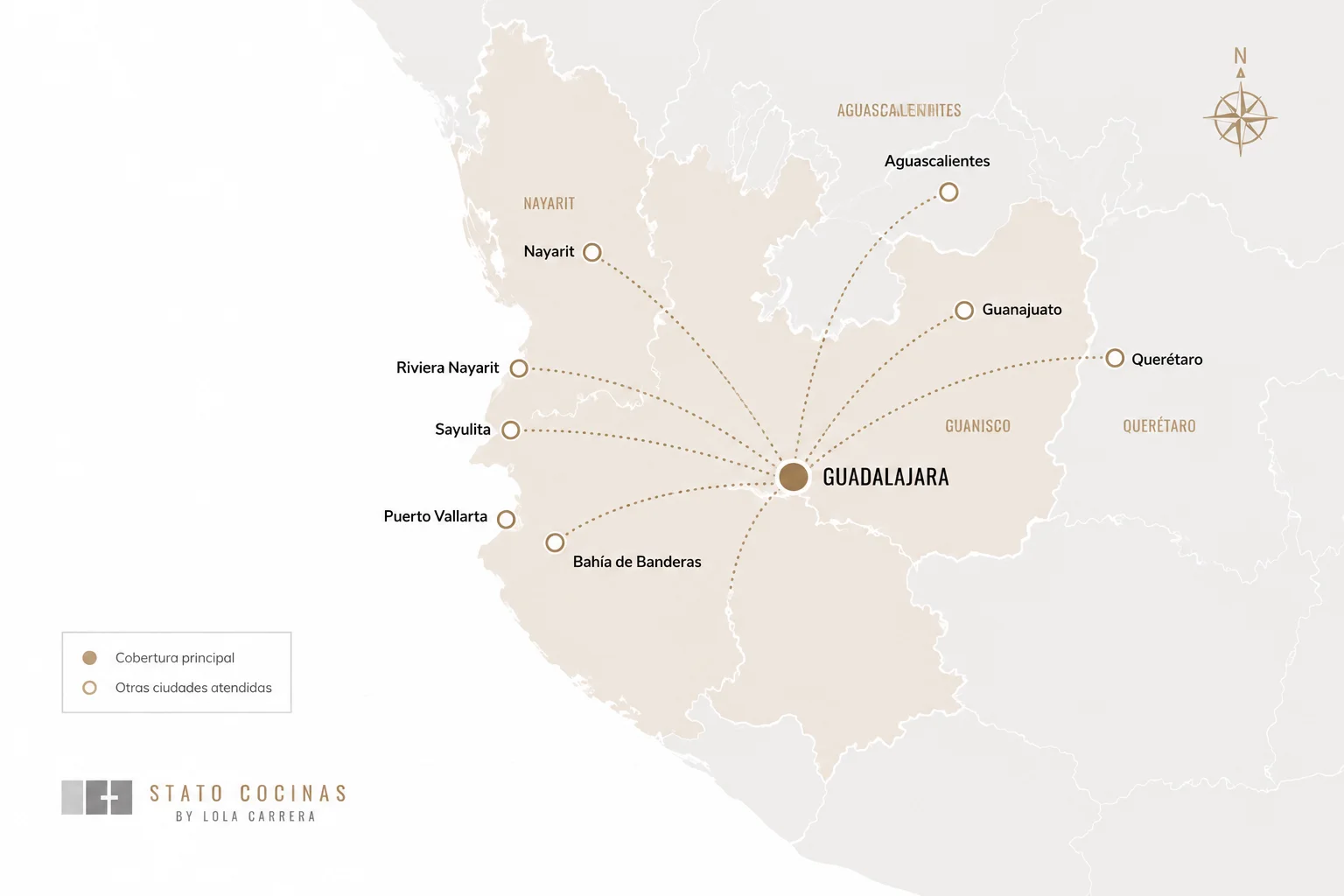Mapa de cobertura de Stato Cocinas mostrando proyectos residenciales en Guadalajara, Puerto Vallarta, Riviera Nayarit, Sayulita, Bahía de Banderas, Aguascalientes, Guanajuato y Querétaro.